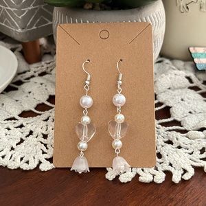 *3 for $20* White/Clear Heart, Flower, Pearl Dangly Earrings